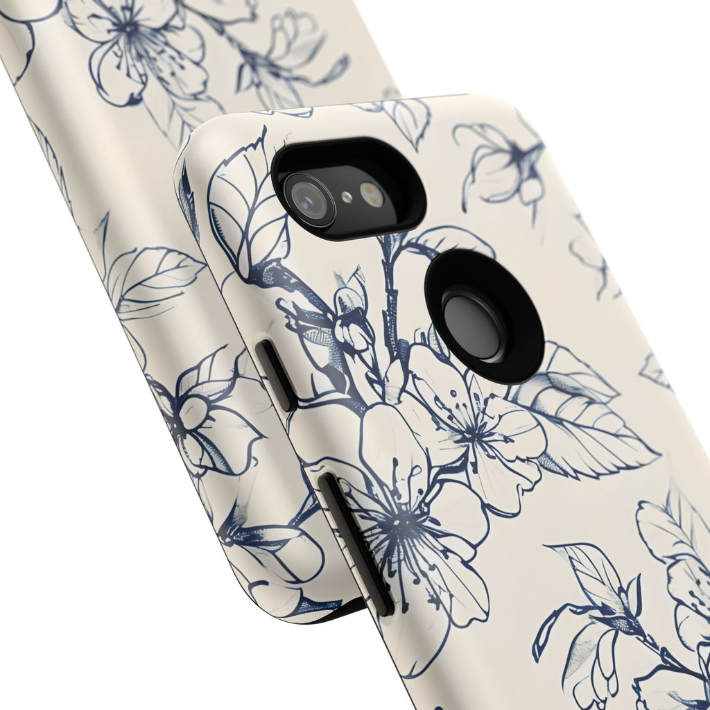 Blossom Sketch - Artistic Blue Floral Google Pixel 3 - Tough Phone Case - Hand-Drawn Botanical Design