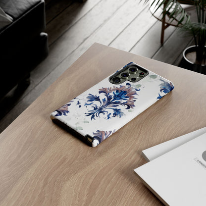 Delft Reverie blue and white floral Samsung Galaxy phone case lifestyle desk scene