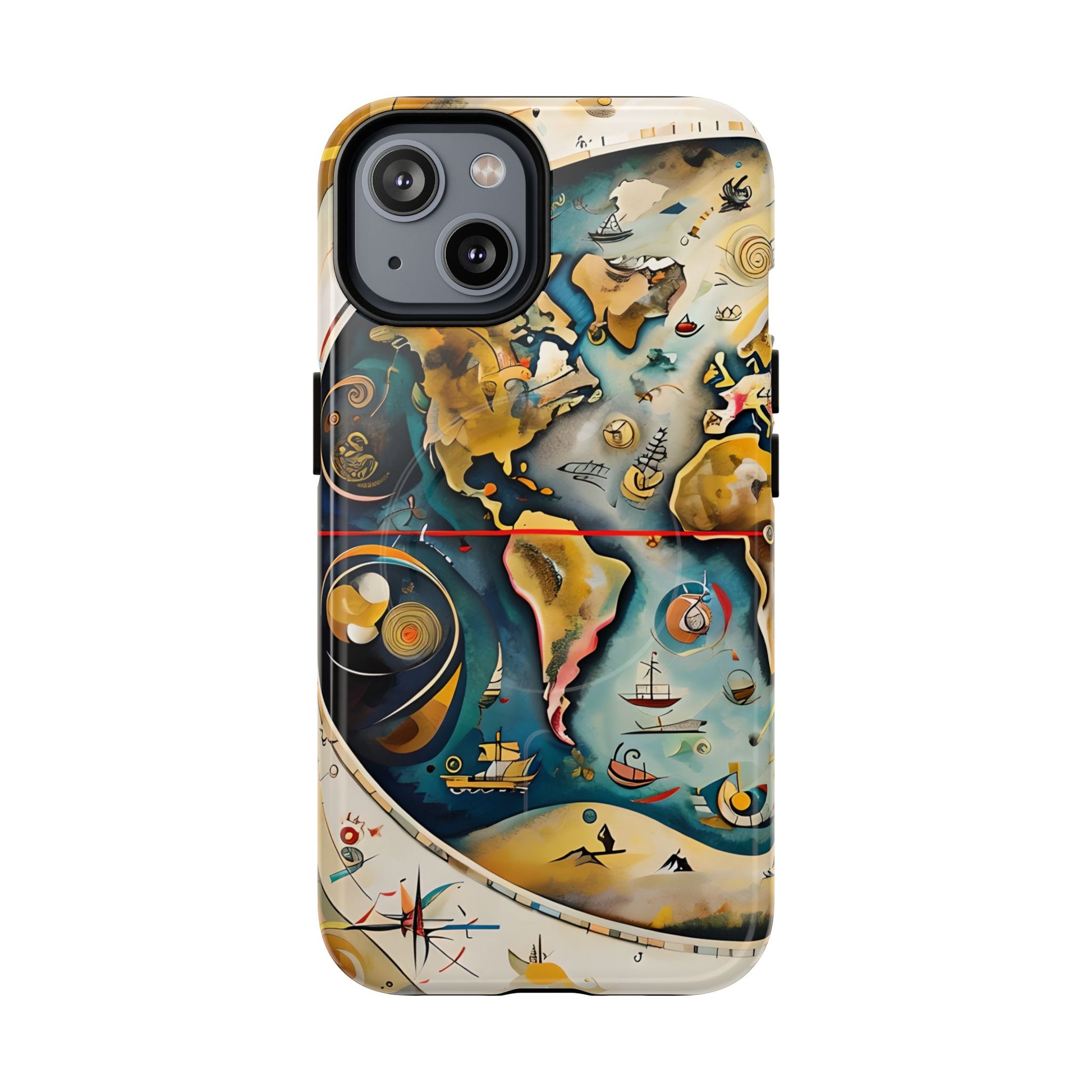 Celestial Map iPhone 14 MagSafe Phone Case -Vintage Nautical World Map, Artistic Blue & Gold