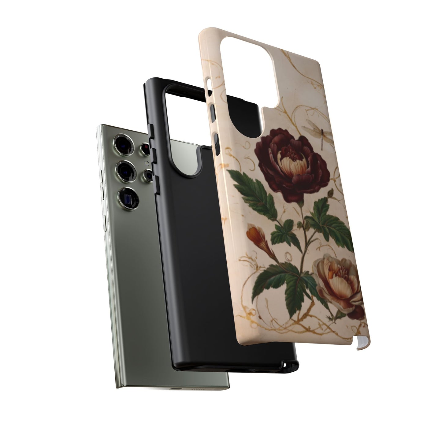 Vintage Burgundy Rose botanical floral and dragonfly Samsung Galaxy phone case dual layer protective case