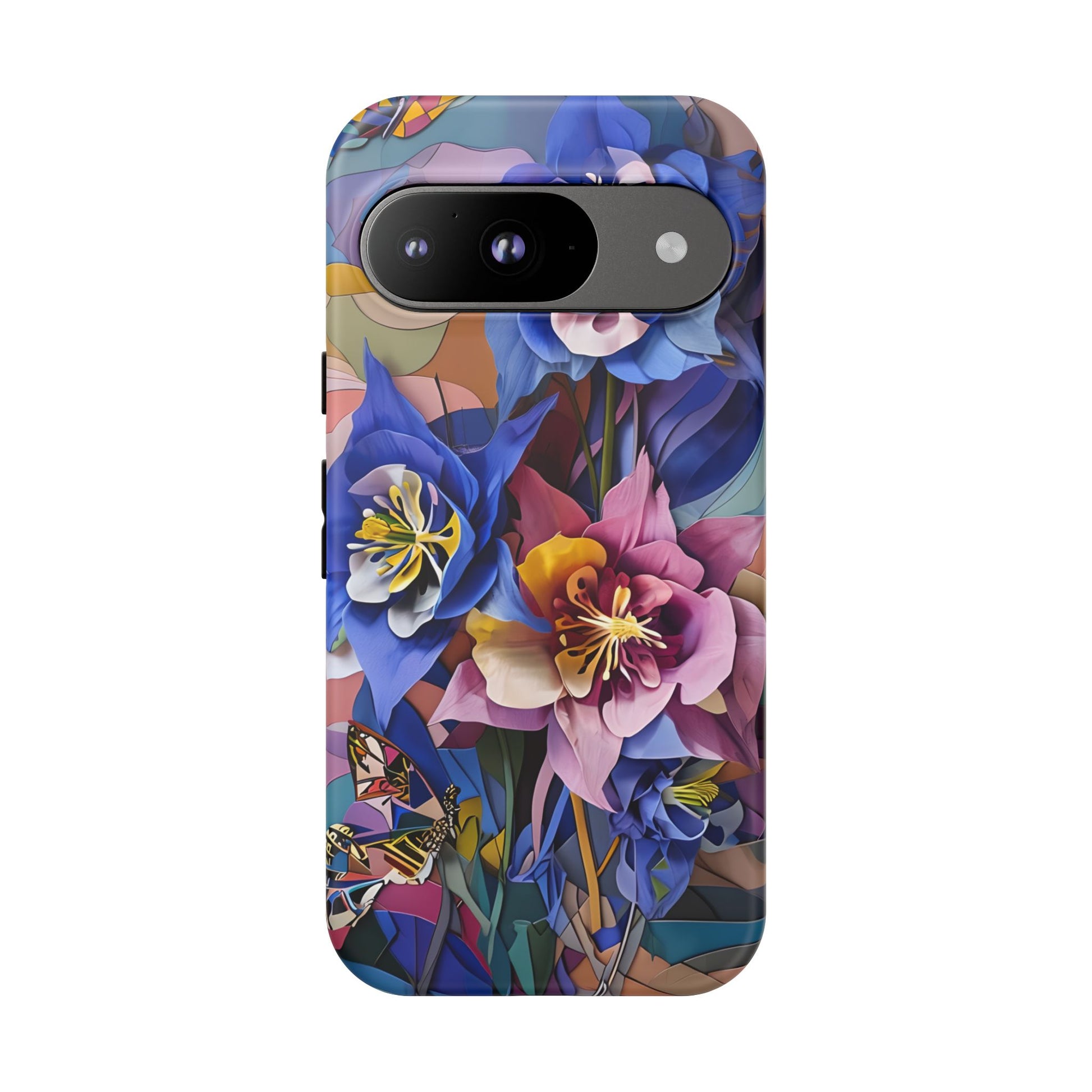 Blue Columbine Carnivale - Artistic Floral & Butterfly Google Pixel 9 Tough Phone Case - Vibrant Botanical Design