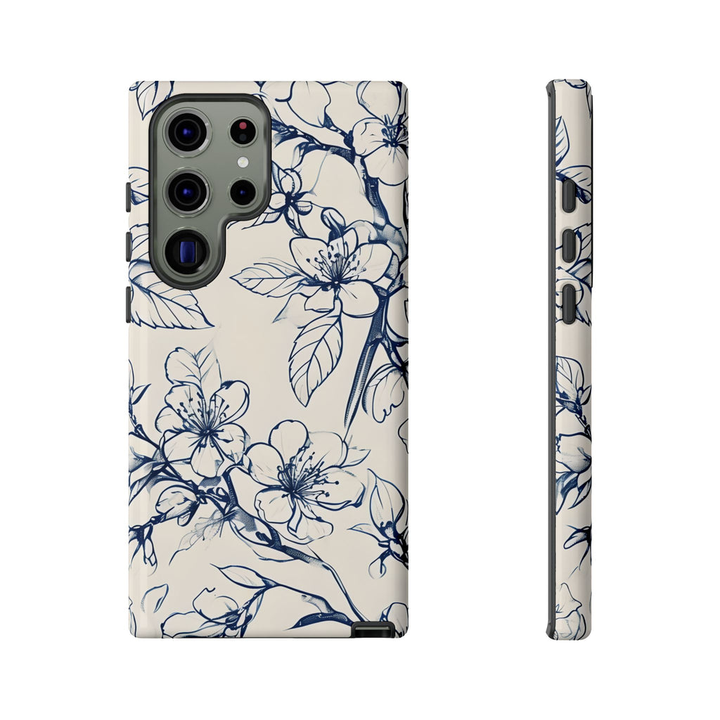 Blossom Sketch - Artistic Blue Floral Samsung Galaxy S23 Ultra Tough Phone Case - Hand-Drawn Botanical Design