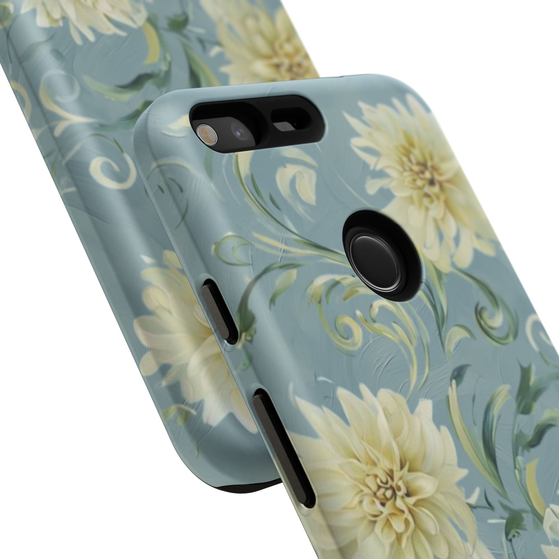 Golden Dahlia Trio - Elegant Floral Google Pixel XL Tough Phone Case - Artistic White & Blue Dahlia Design