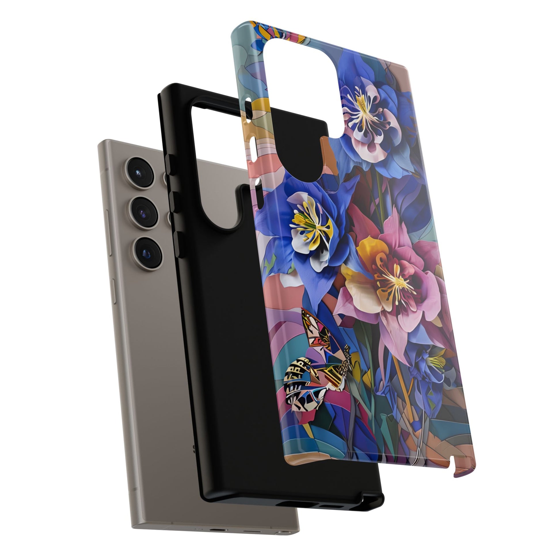 Blue Columbine Carnivale - Artistic Floral & Butterfly Samsung S24 Ultra Tough Phone Case - Vibrant Botanical Design