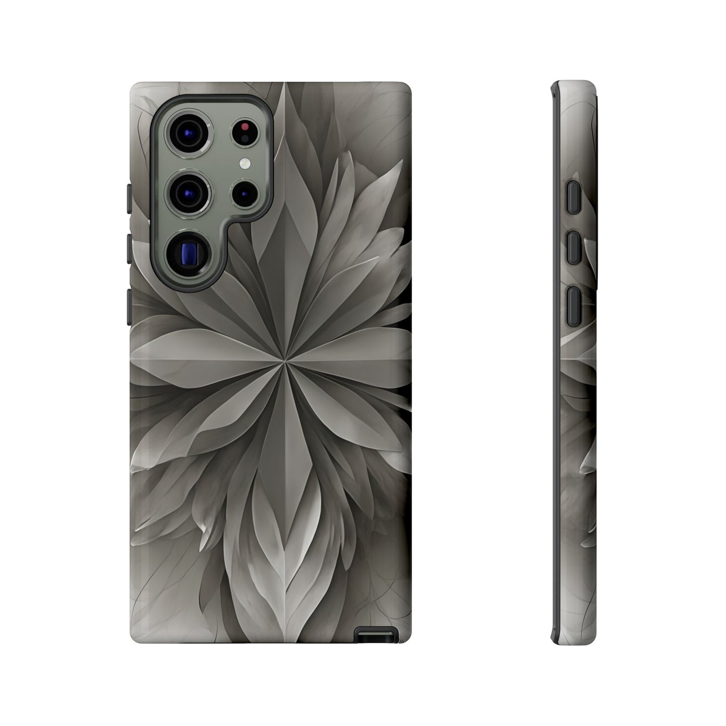 Silver Lotus flower wraparound Samsung Galaxy phone case front and side view