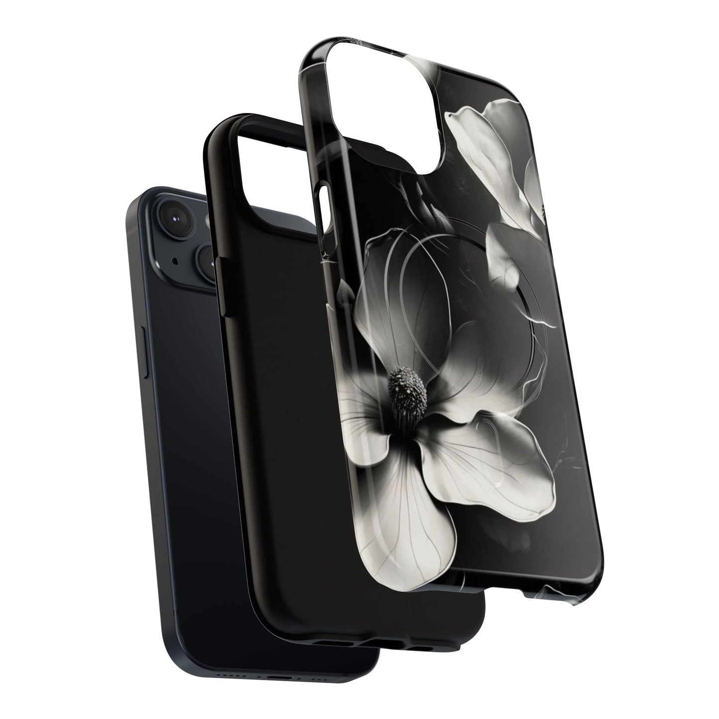 Monochrome Magnolia - Elegant Black & White Floral iPhone MagSafe Phone Case - Artistic Magnolia Design