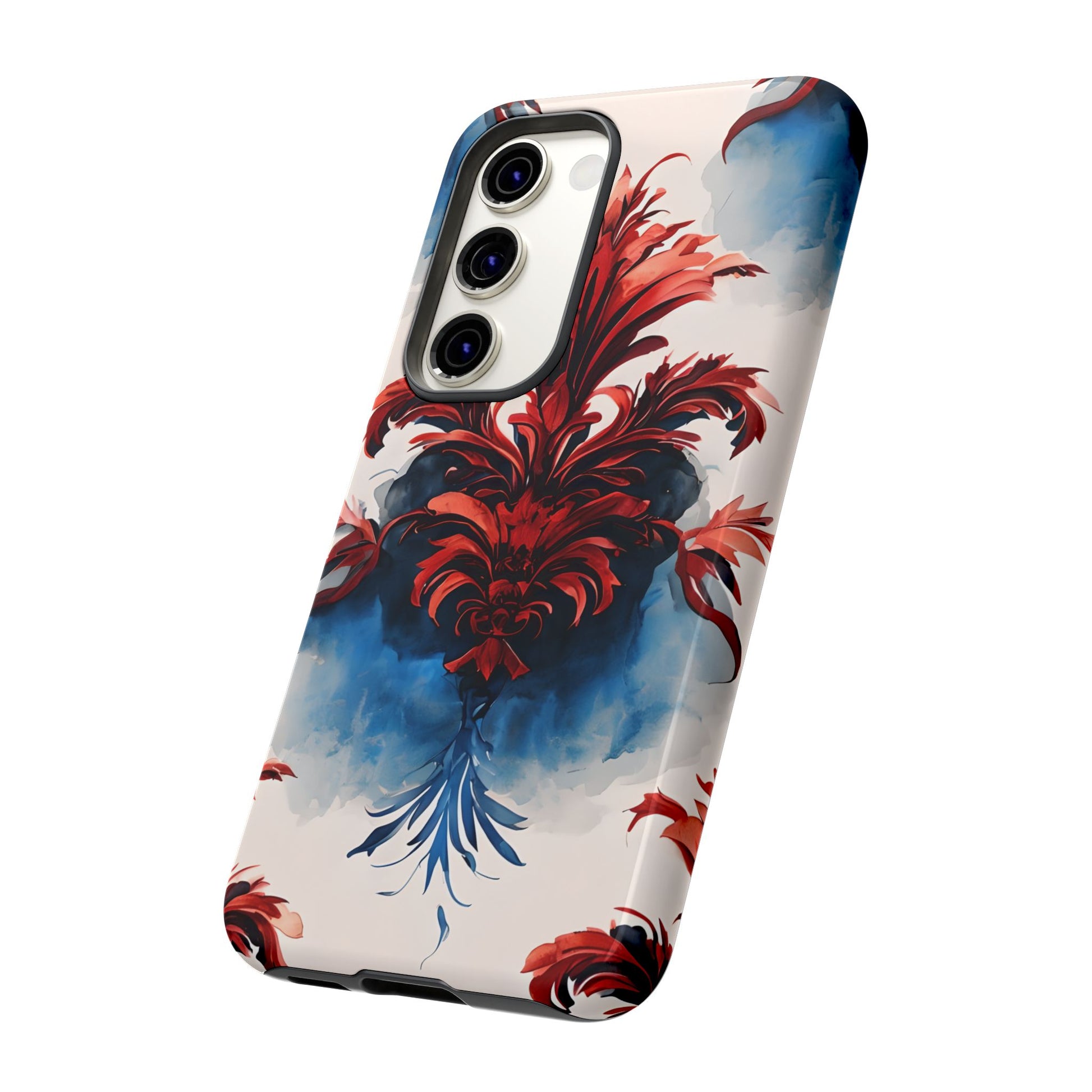 Crimson Plume - Bold Artistic Feather Samsung Galaxy S23 Tough Phone Case - Dramatic Red & Blue Design