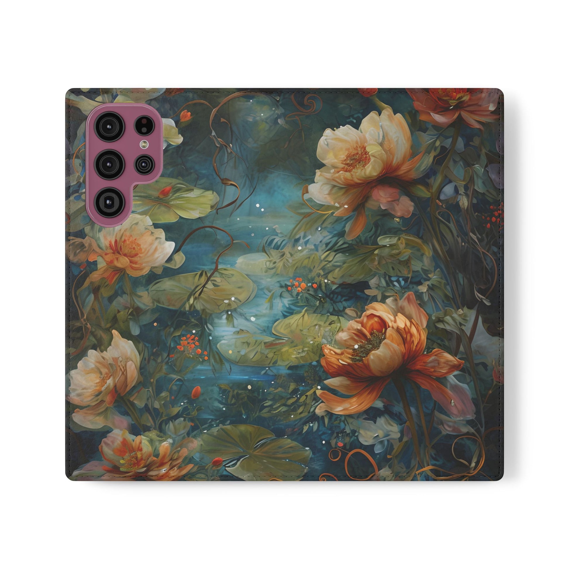 Waterlily Nocturne Samsung Galaxy S22 Ultra Wallet Case - Elegant Floral Flip Cover, Vintage Botanical Phone Folio