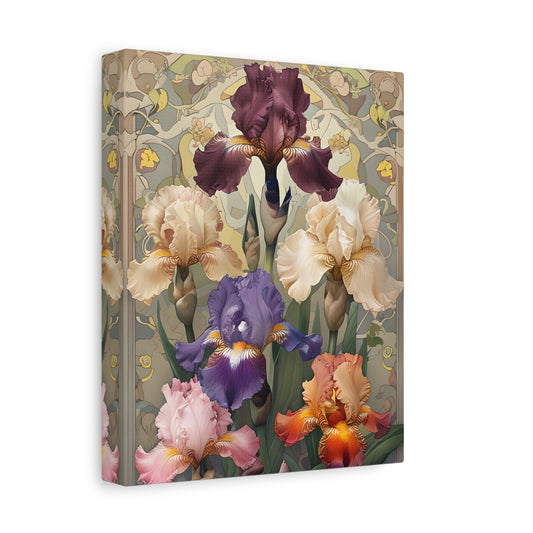 Iris Reverie - Vertical Wall Art in Soft Pastels and Bold Maroon, Elegant Botanical Print