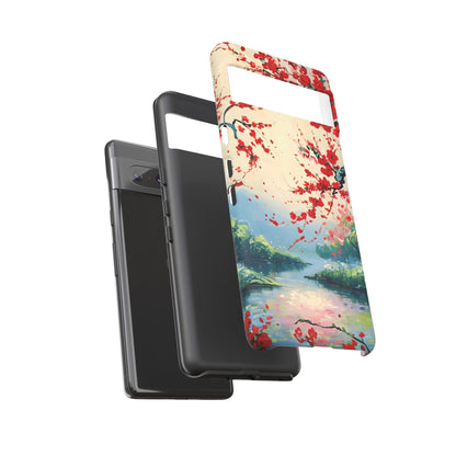 Crimson Blossom Lake - Artistic Floral Landscape Google Pixel 6 Tough Phone Case - Red Cherry Blossoms & Serene Lake Design