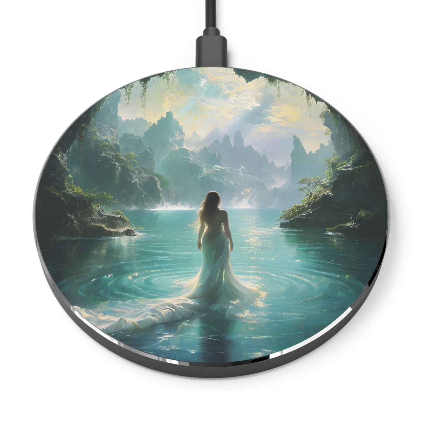 Celestial Tides fantasy lake scene decorative Qi wireless charger with woman standing in glowing water