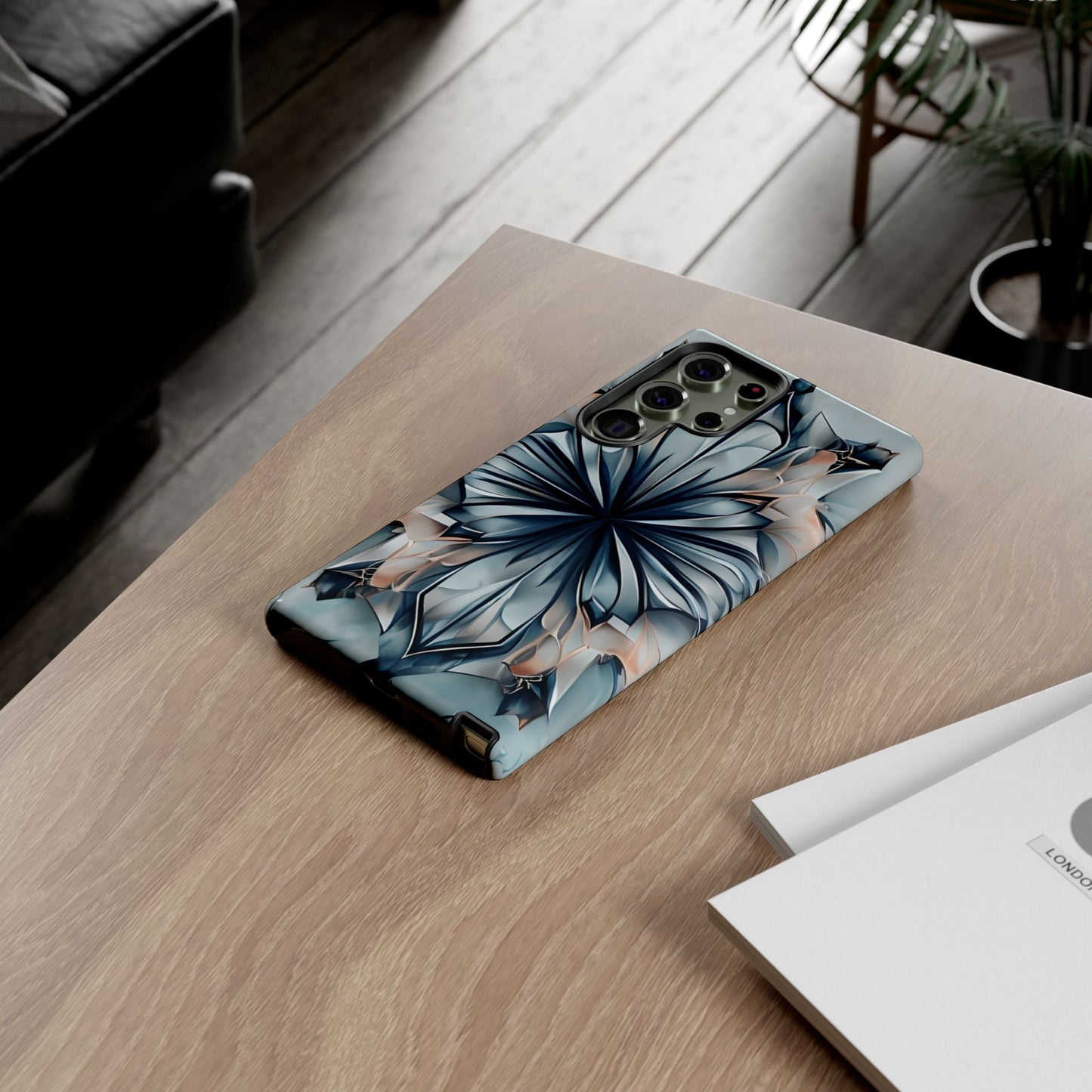Indigo Mirage indigo geometric flower Samsung Galaxy phone case lifestyle desk scene