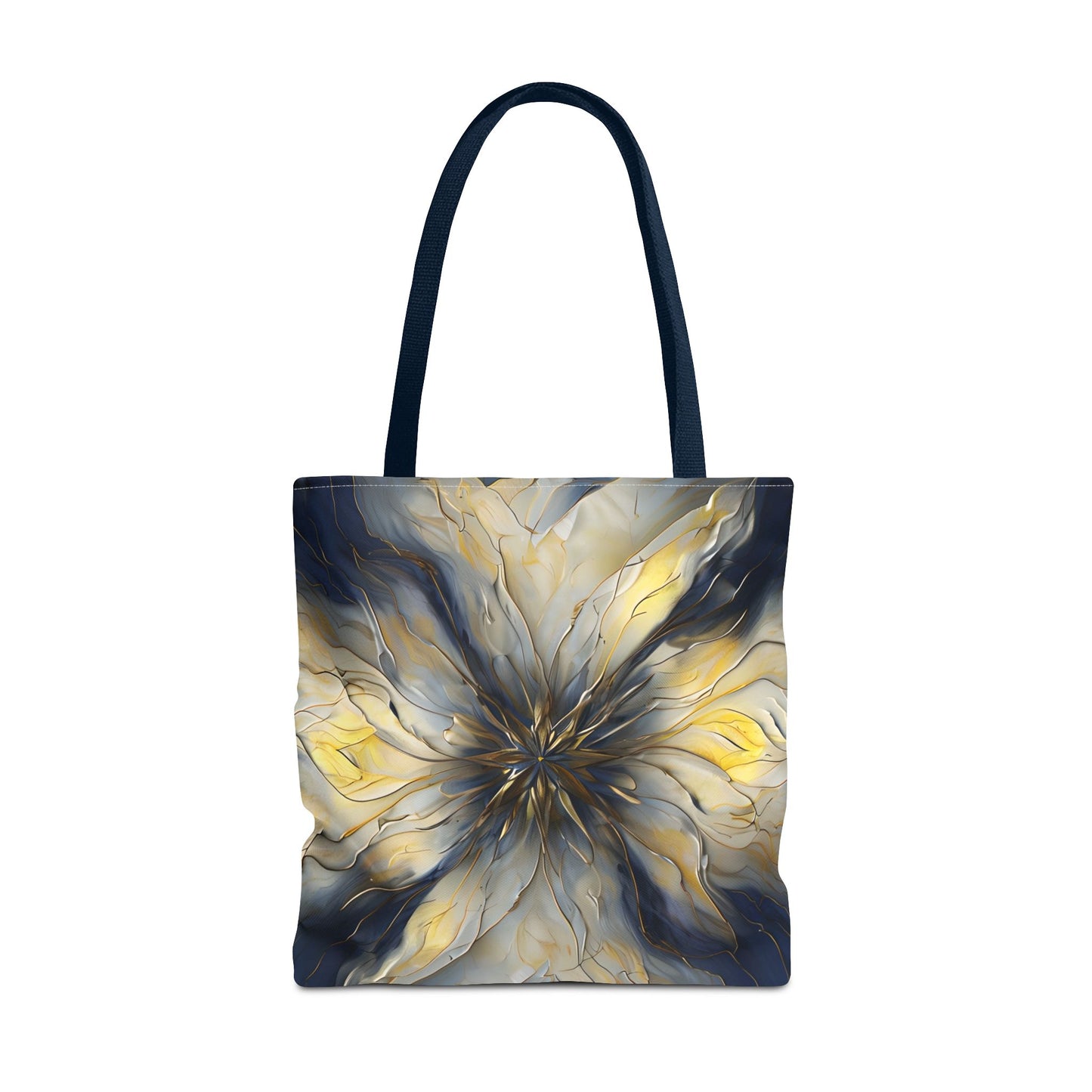 Luminous Petal Tote Bag (16x16 & 18x18)- Radiant Bloom in Gold and Indigo on Deep Navy Canvas, Reusable & Eco-Friendly