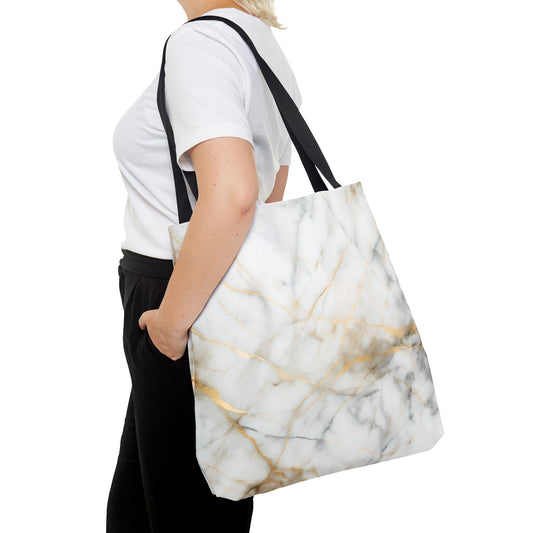 Golden Vein Marble Tote Bag (16x16 & 18x18)- Elegant White Marble with Gold Accents, Reusable & Eco-Friendly
