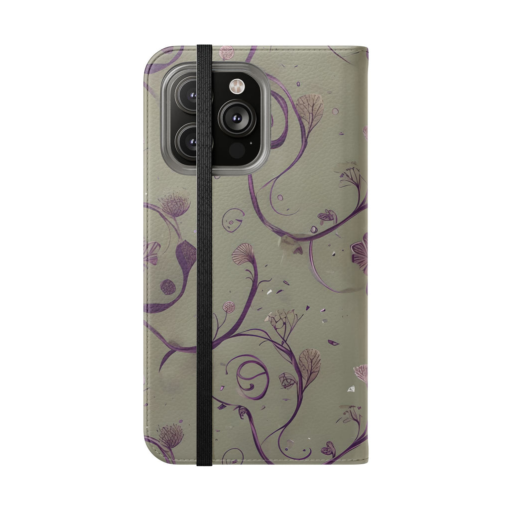 Twilight Thistle Bloom Wallet Phone Case - Elegant Purple Floral Vine Flip Cover for iPhone 14 Pro Max