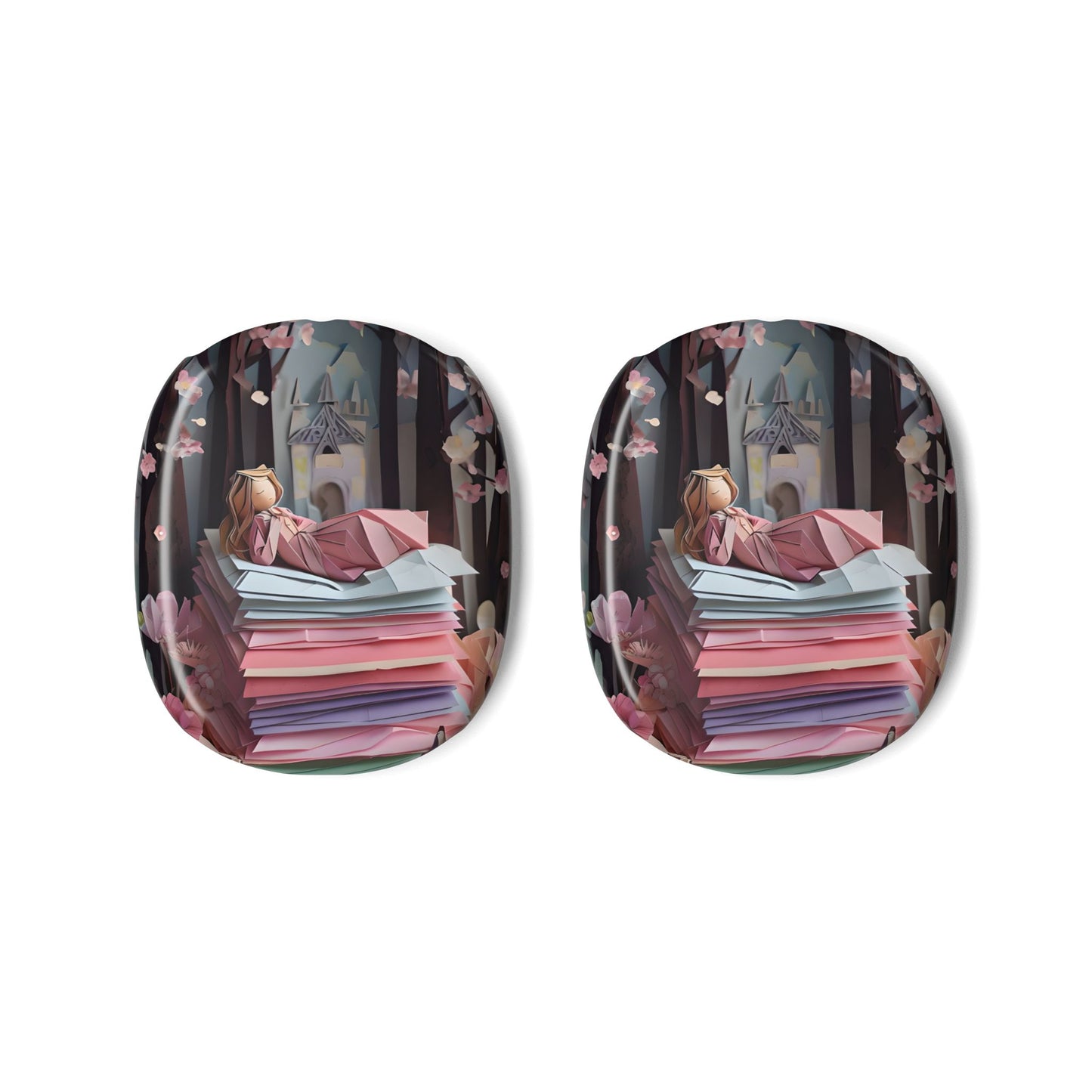 A Good Night’s Sleep AirPods Max ear cup covers featuring dreamy pastel illustration with layered origami papers, and night sky, flat product view