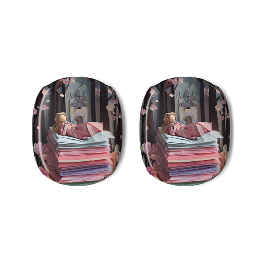 A Good Night’s Sleep AirPods Max ear cup covers featuring dreamy pastel illustration with layered origami papers, and night sky, flat product view