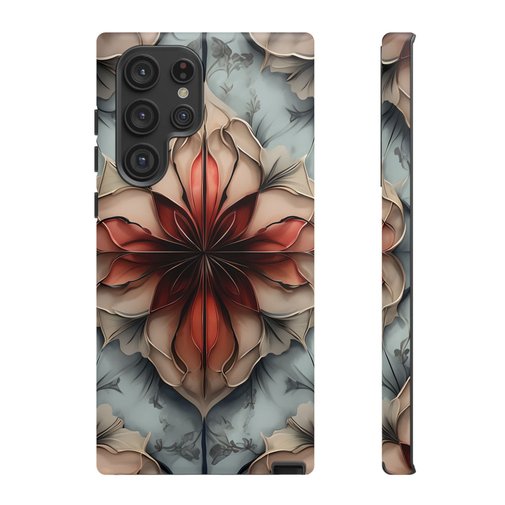 Ember Bloom - Kaleidoscope Collection Artistic Floral - Samsung Galaxy S22 Ultra Tough Phone Case - Fiery Symmetrical Design