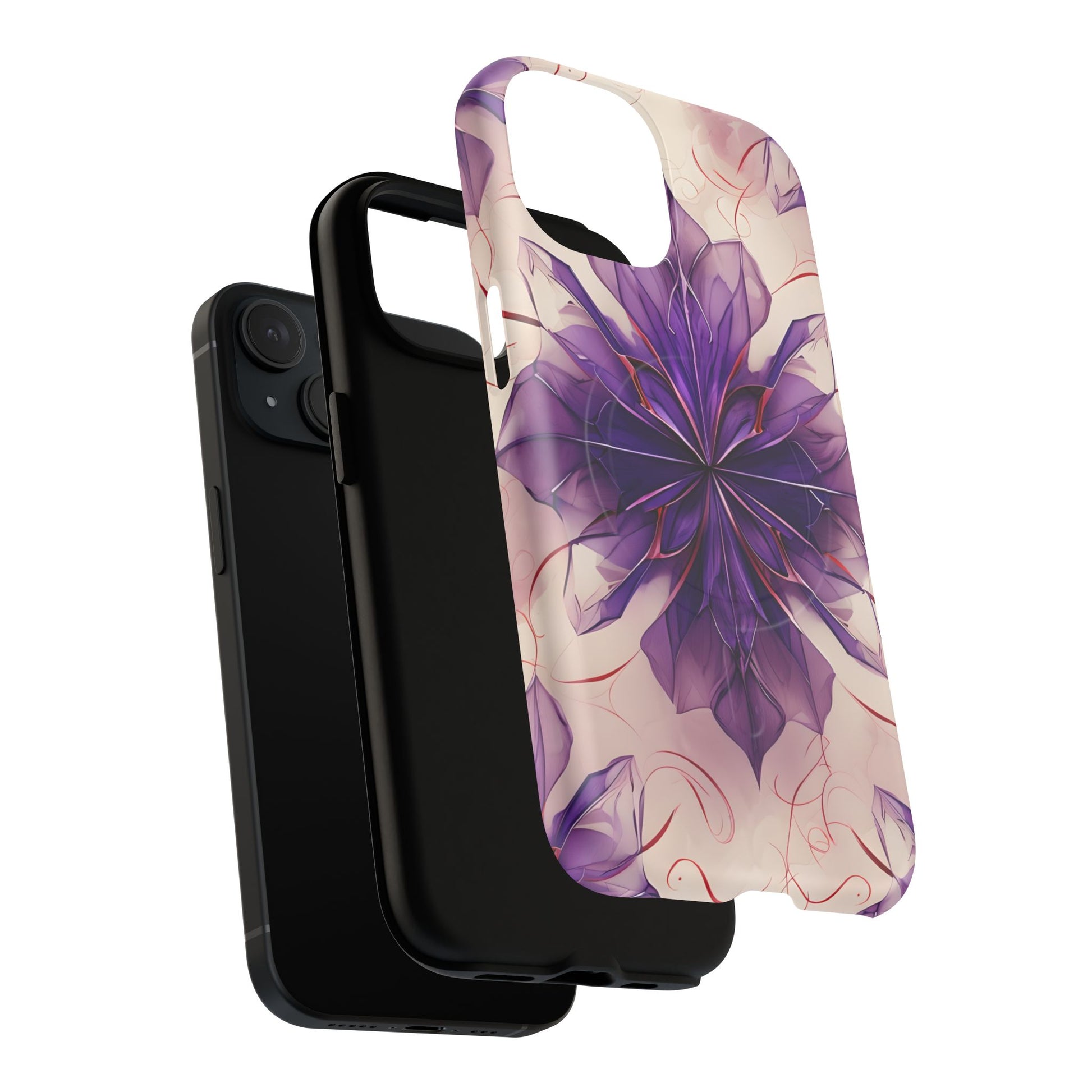 Violet Reverie - Kaleidoscope Collection Artistic Floral Burst - iPhone 15 MagSafe Phone Case - Bold Purple Symmetrical Design
