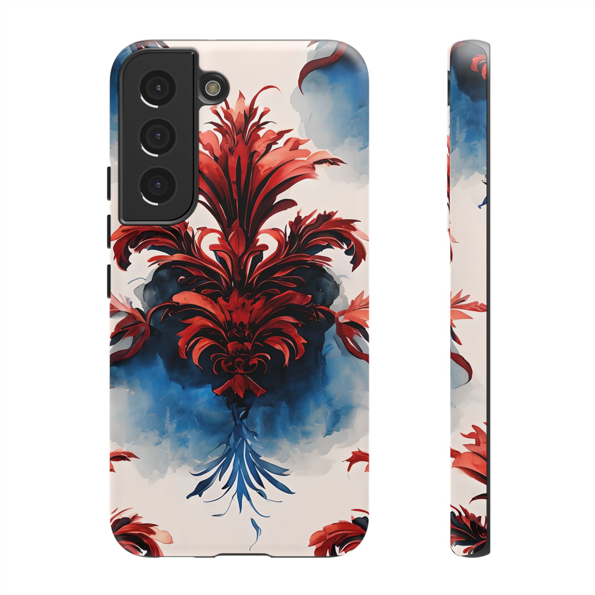 Crimson Plume - Bold Artistic Feather Samsung Galaxy S22 Tough Phone Case - Dramatic Red & Blue Design