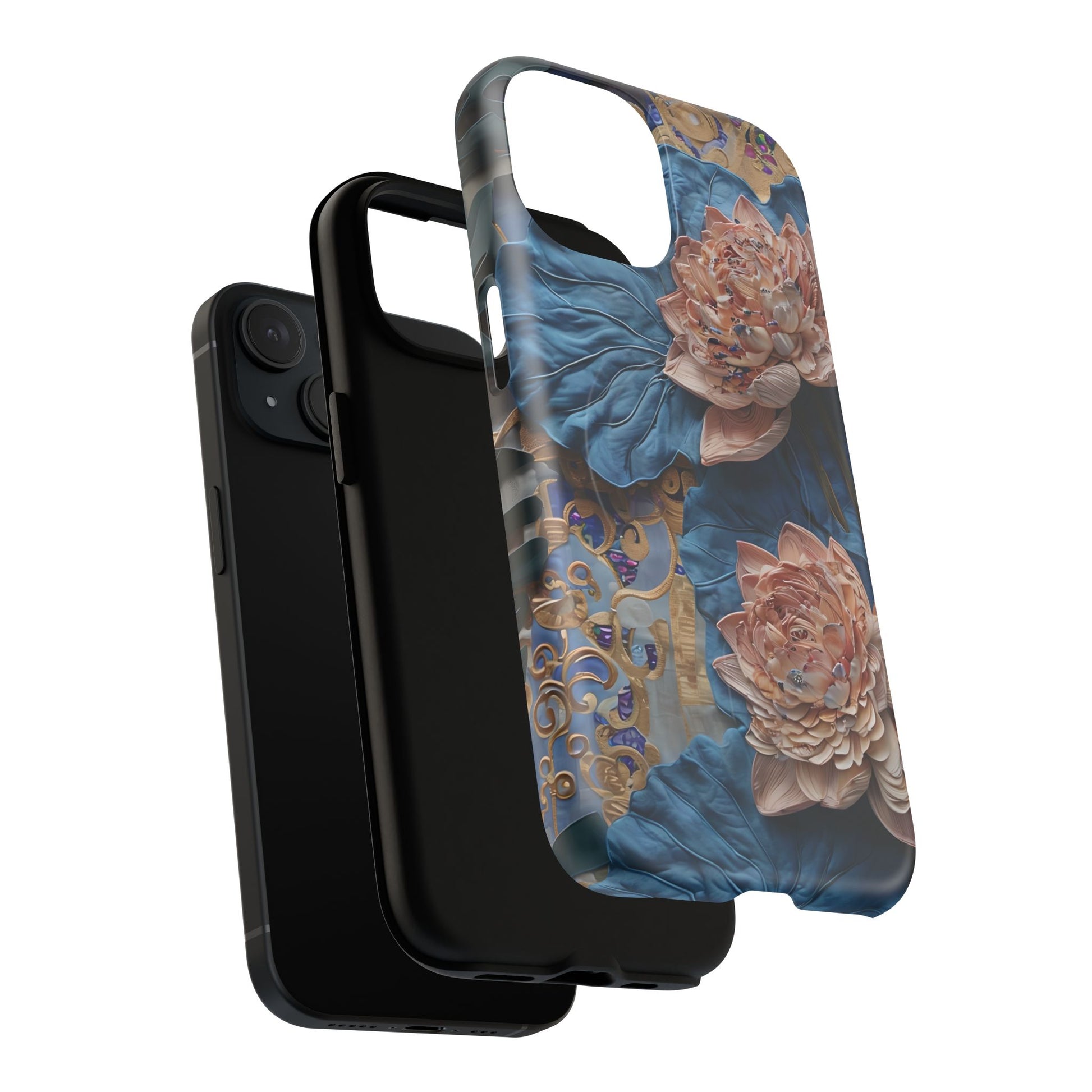 Peony Midnight Tapestry - iPhone 15 - MagSafe Compatible - Elegant Blue & Blush Artful Phone Cover