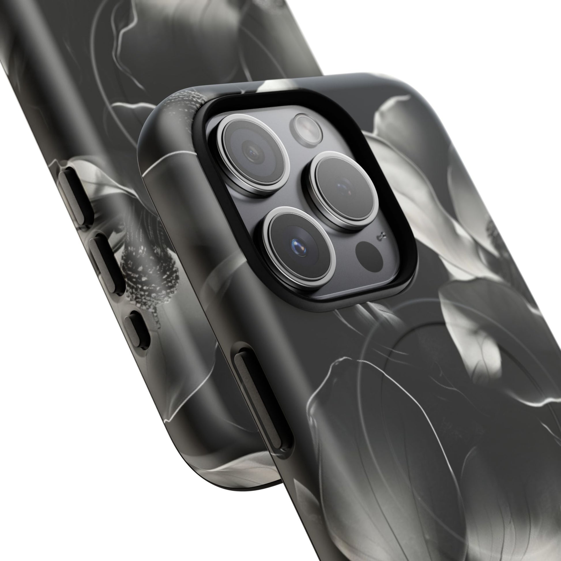 Monochrome Magnolia - Elegant Black & White Floral iPhone 15 Pro MagSafe Phone Case - Artistic Magnolia Design