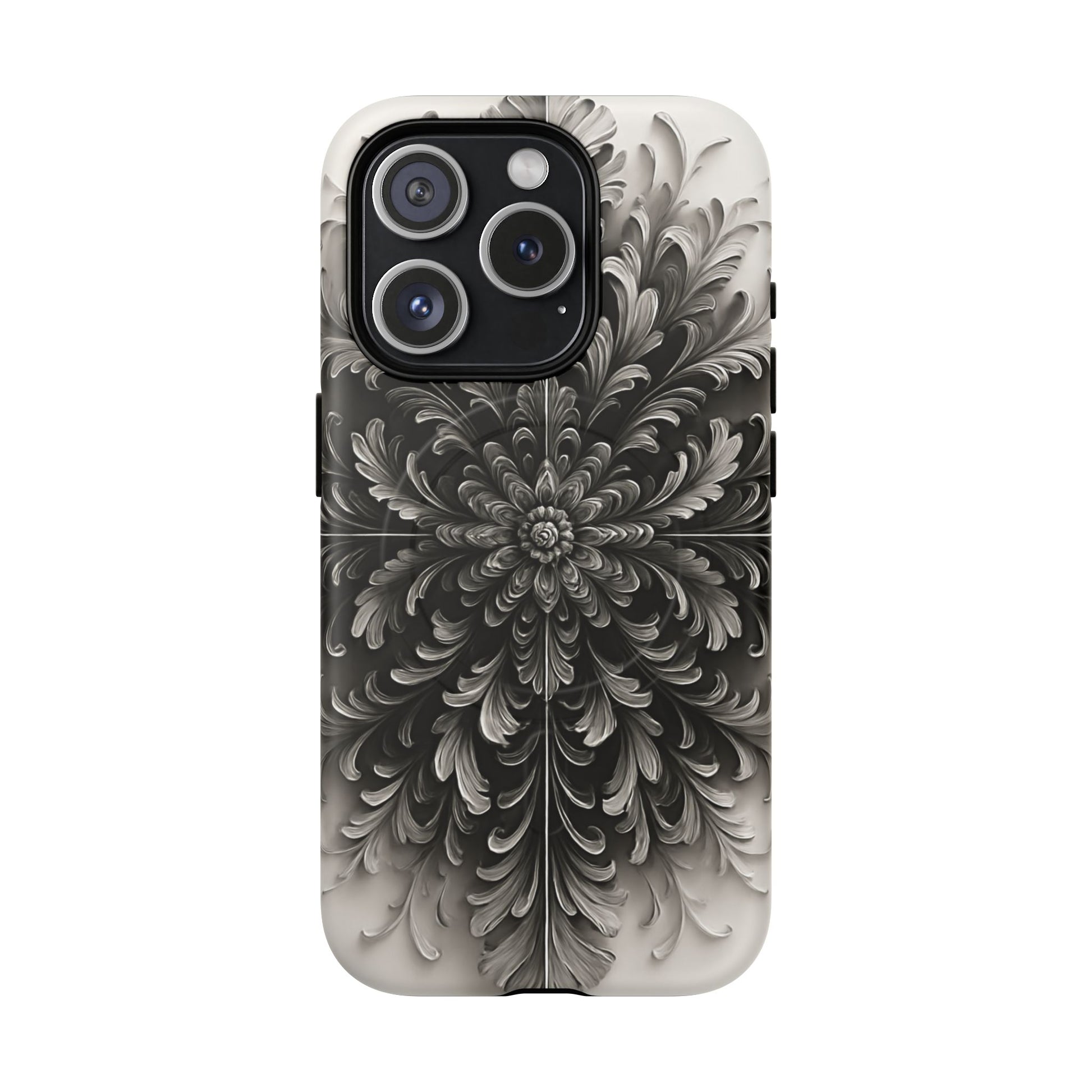 Obsidian Bloom - Elegant Black & White iPhone 15 Pro MagSafe Phone Case - Intricate Mandala Flower Design