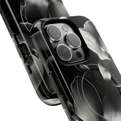 Monochrome Magnolia - Elegant Black & White Floral iPhone MagSafe Phone Case - Artistic Magnolia Design