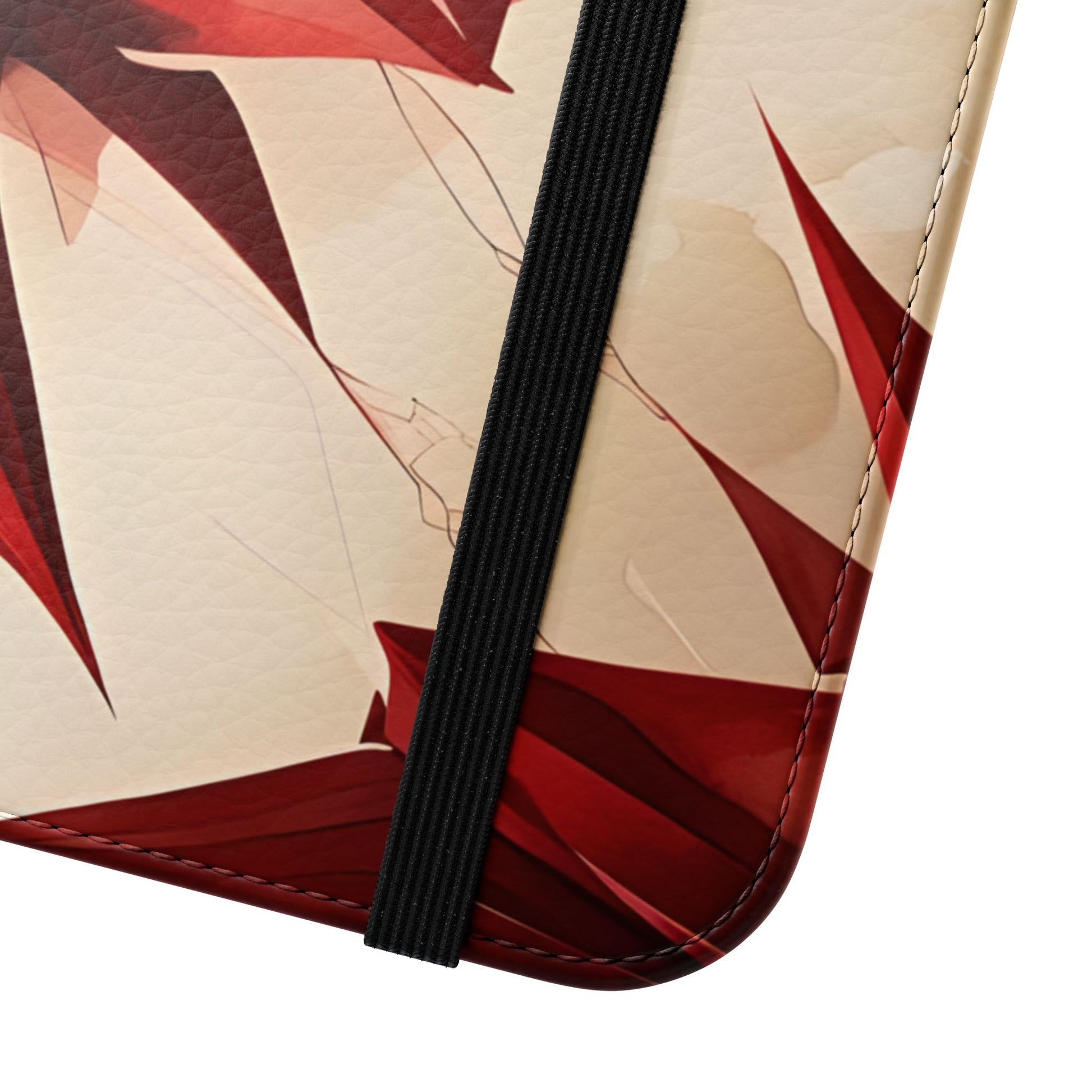 Close view of Ruby Compass geometric iPhone wallet flip phone case with elastic closure