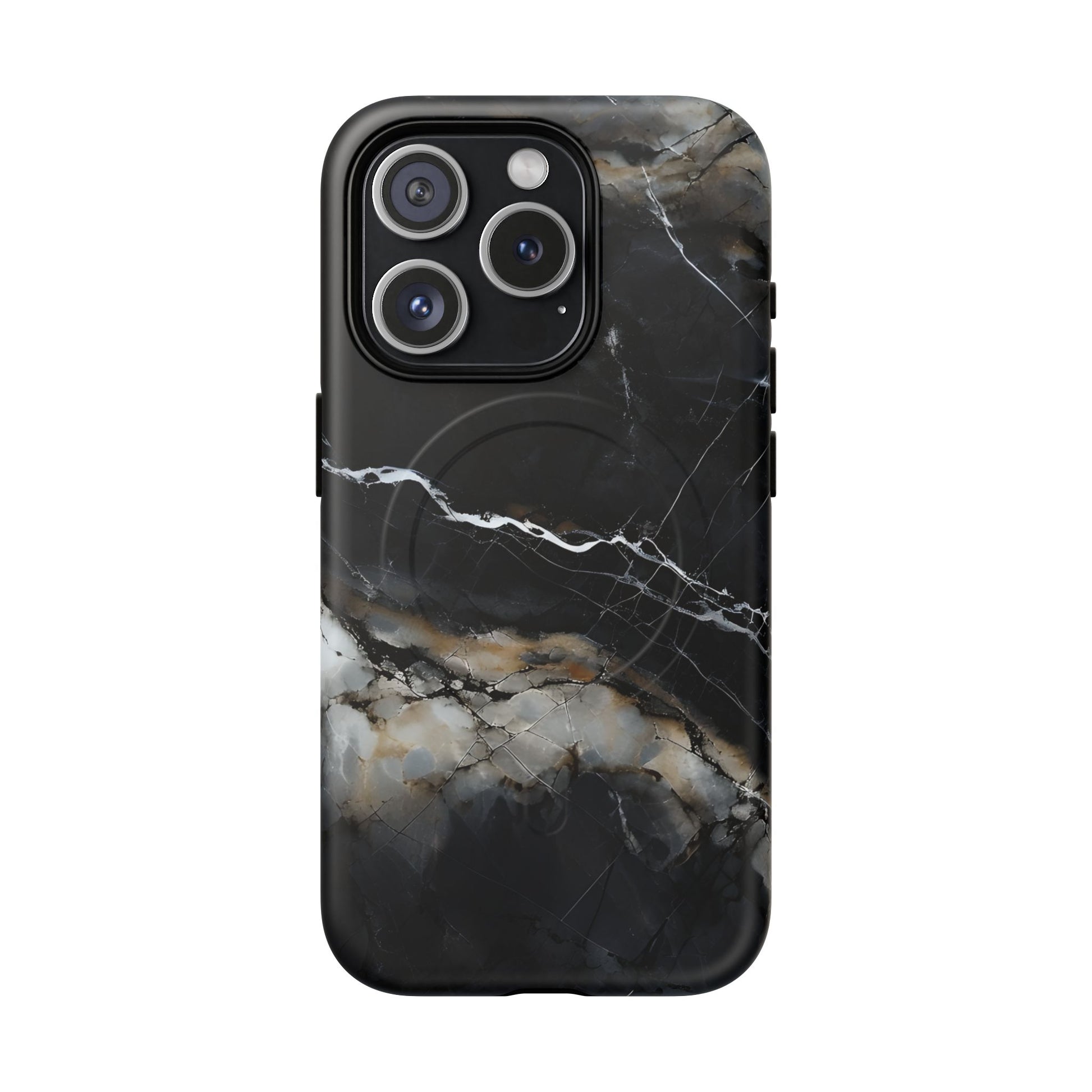 Obsidian Vein iPhone 15 Pro MagSafe Phone Case -Black Neutral Marble Design