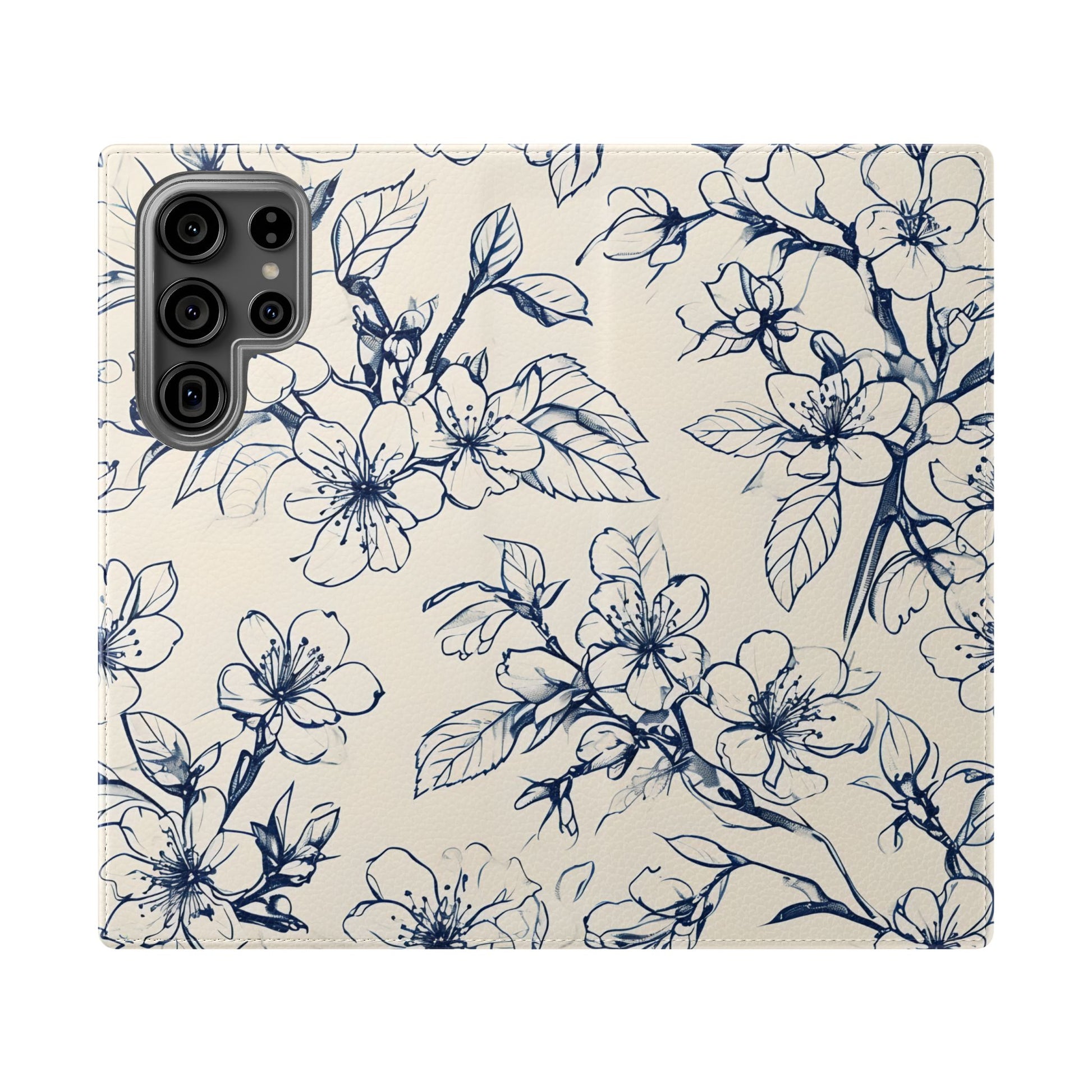 Blossom Sketch Samsung Galaxy wallet flip phone case with navy blue botanical floral sketch pattern on cream background