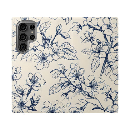 Blossom Sketch Samsung Galaxy wallet flip phone case with navy blue botanical floral sketch pattern on cream background