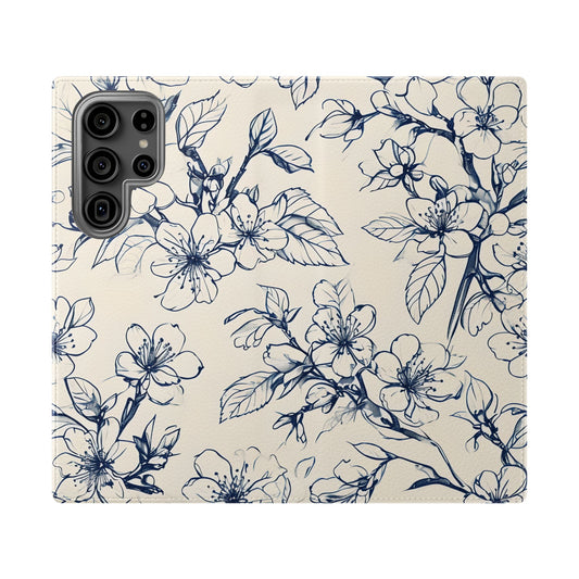Blossom Sketch Samsung Galaxy wallet flip phone case with navy blue botanical floral sketch pattern on cream background