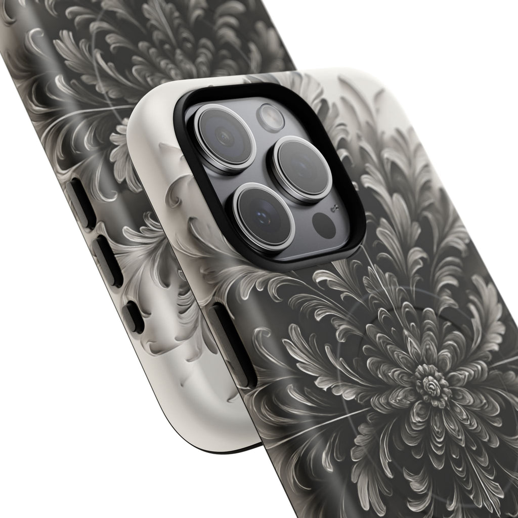 Obsidian Bloom - Elegant Black & White iPhone 15 Pro Max MagSafe Phone Case - Intricate Mandala Flower Design