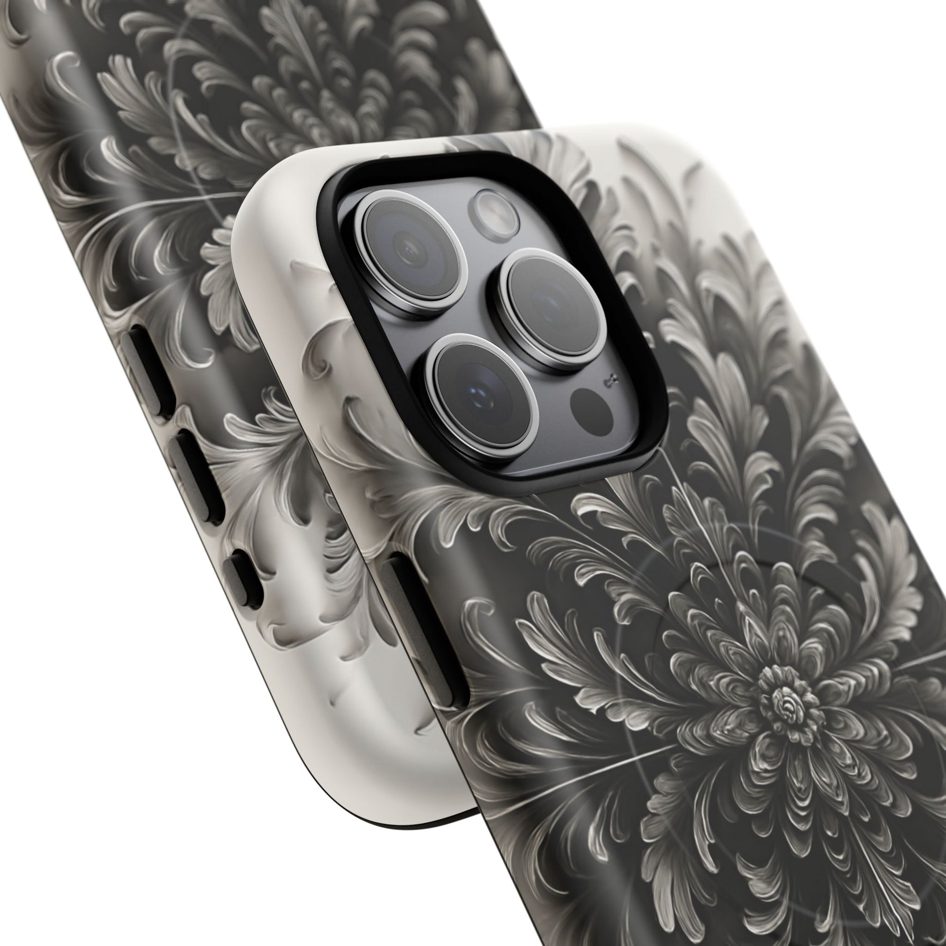 Obsidian Bloom - Elegant Black & White iPhone 15 Pro Max MagSafe Phone Case - Intricate Mandala Flower Design