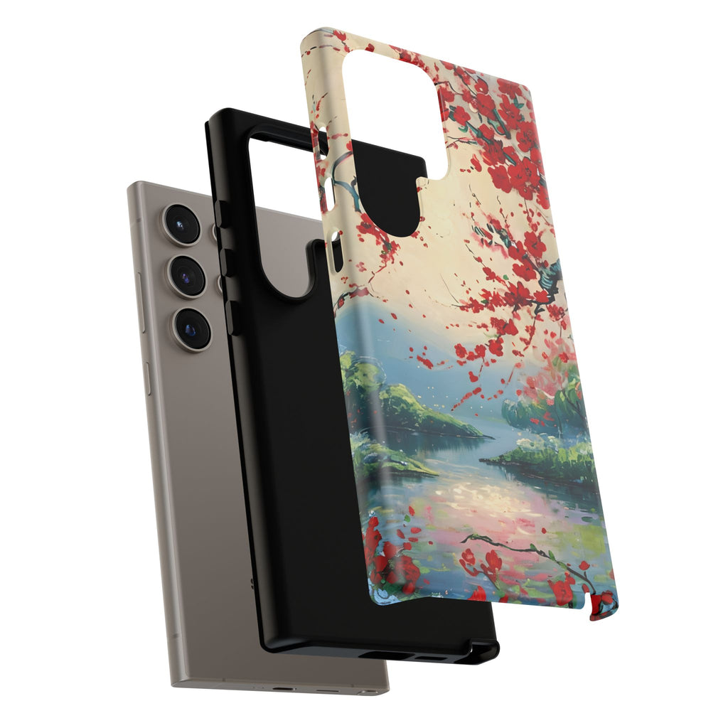 Crimson Blossom Lake - Artistic Floral Landscape Samsung Galaxy S24 Ultra Tough Phone Case - Red Cherry Blossoms & Serene Lake Design