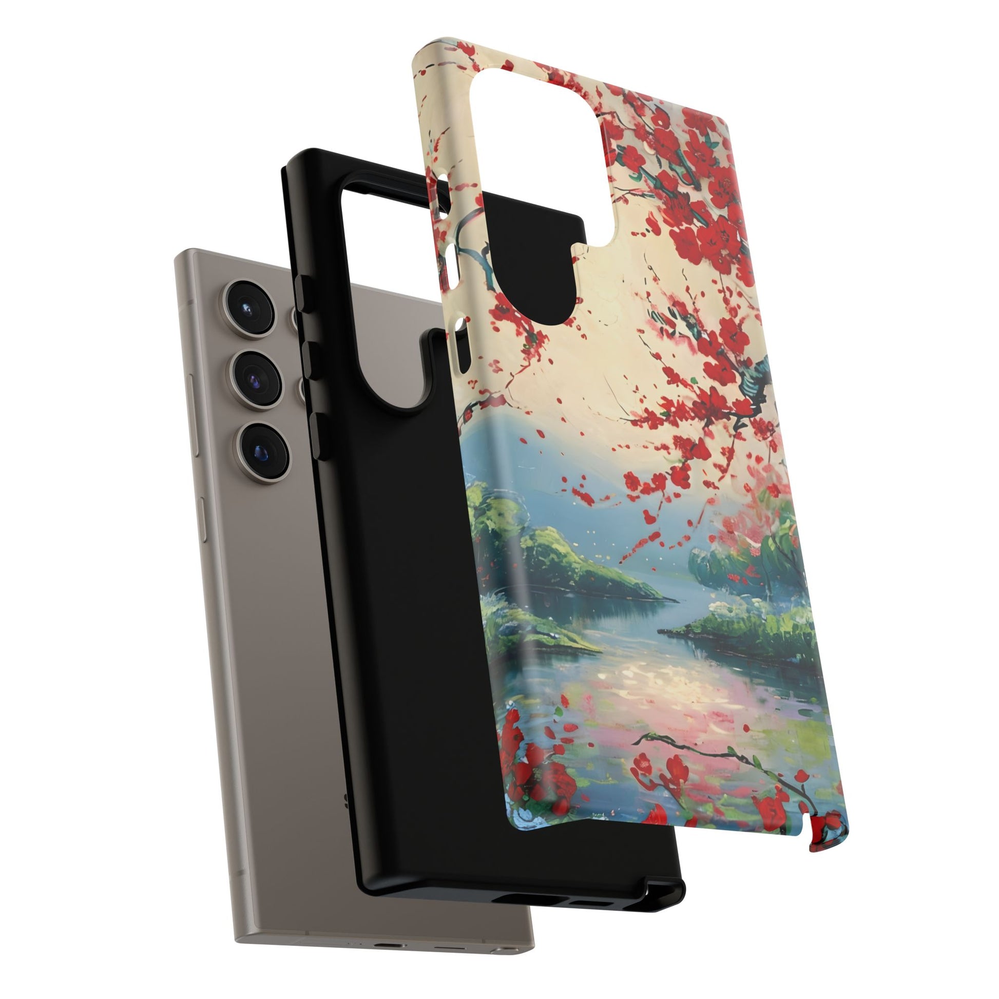 Crimson Blossom Lake - Artistic Floral Landscape Samsung Galaxy S24 Ultra Tough Phone Case - Red Cherry Blossoms & Serene Lake Design