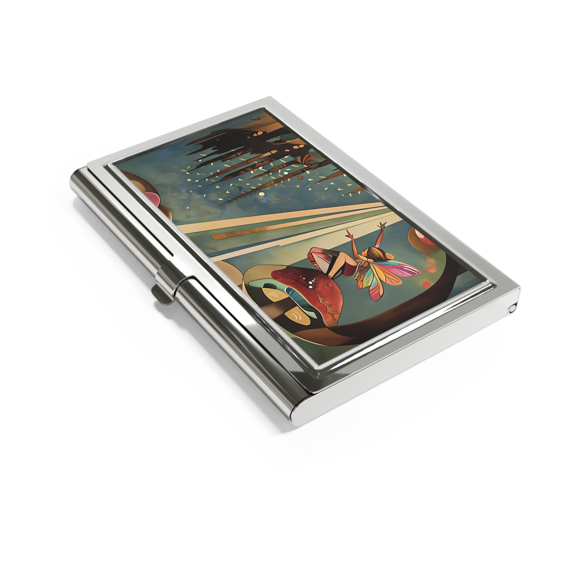 Enchanted Orchard Business Card Holder - Whimsical Forest Fairy Art on Silver Case