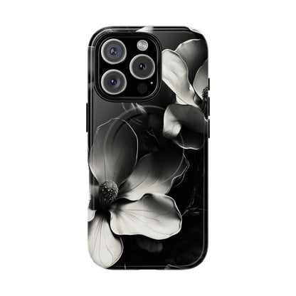 Monochrome Magnolia - Elegant Black & White Floral iPhone MagSafe Phone Case - Artistic Magnolia Design