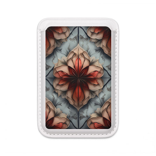 Ember Bloom MagSafe card holder with warm red and ivory floral design on white magnetic wallet.