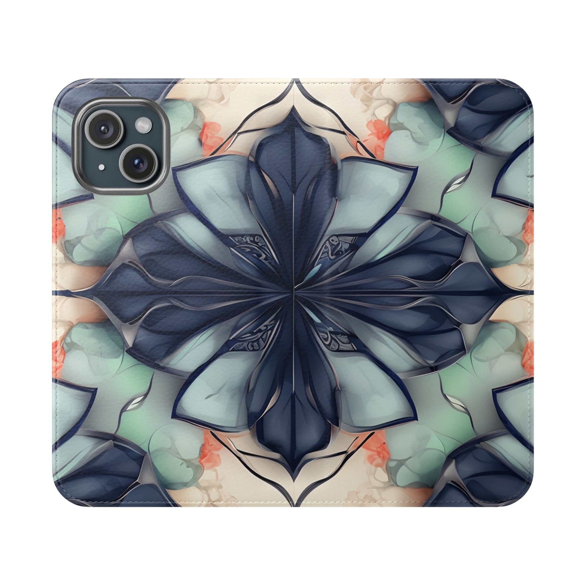 Midnight Mosaic geometric floral iPhone wallet flip phone case with indigo pattern