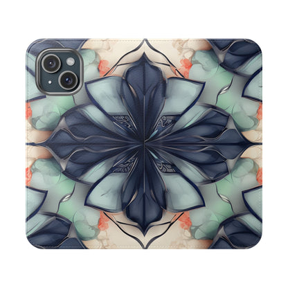 Midnight Mosaic geometric floral iPhone wallet flip phone case with indigo pattern