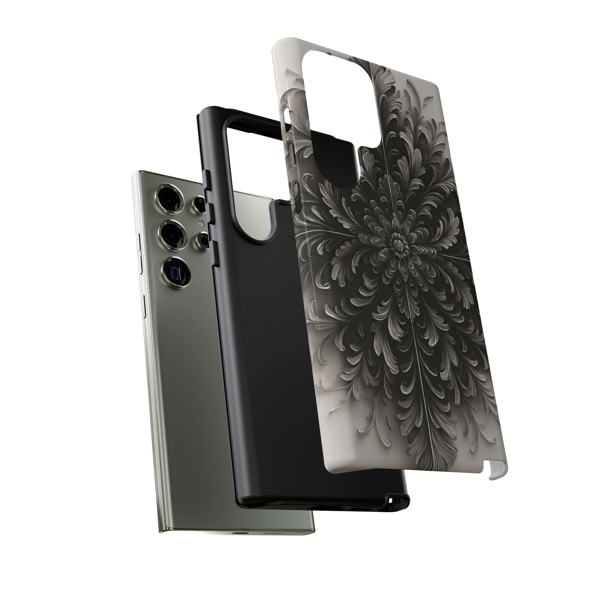 Obsidian Bloom - Elegant Black & White Samsung Galaxy S23 Ultra Tough Phone Case - Intricate Mandala Flower Design