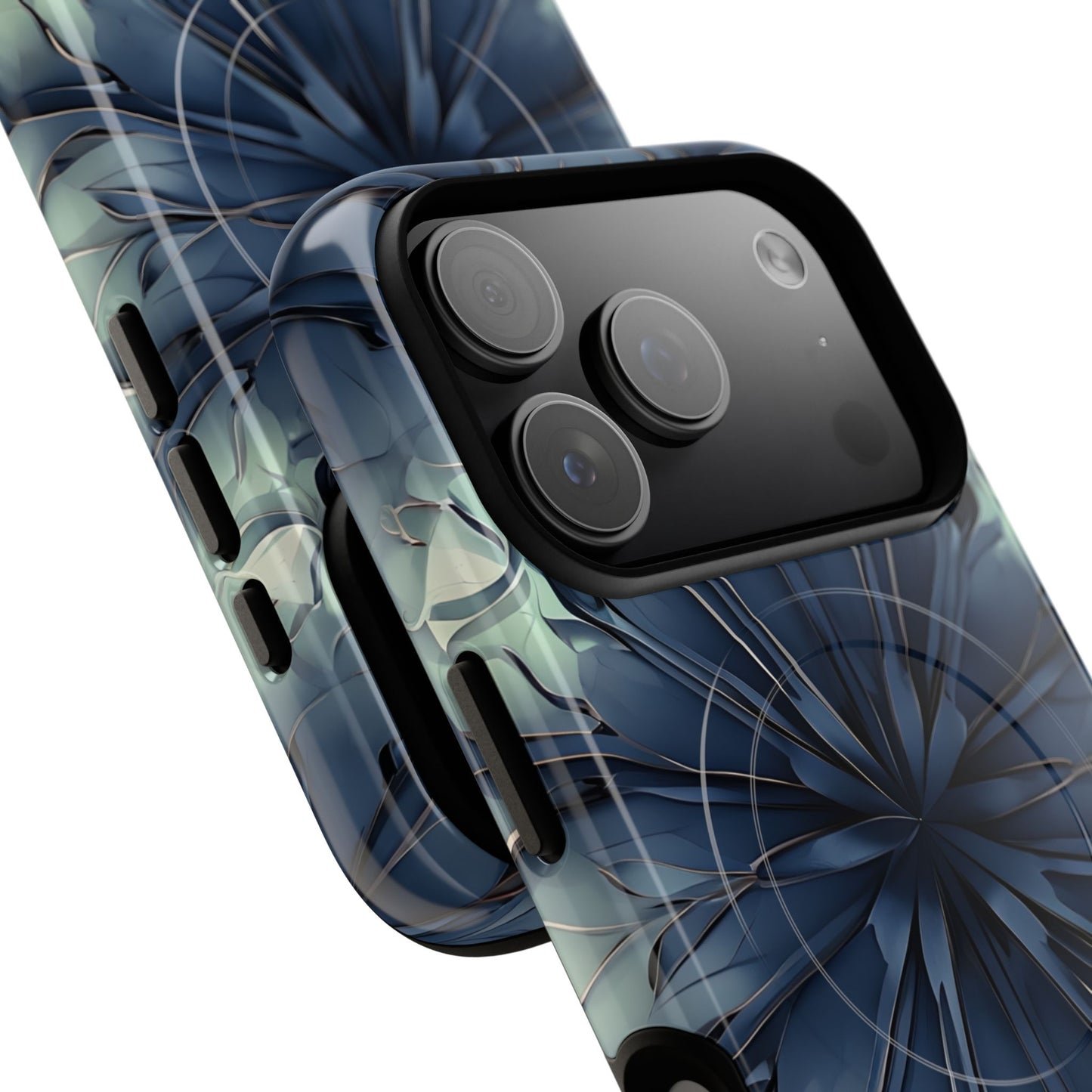 Angled view of Indigo Mosaic blue geometric pattern iPhone MagSafe protective case with large camera cutout