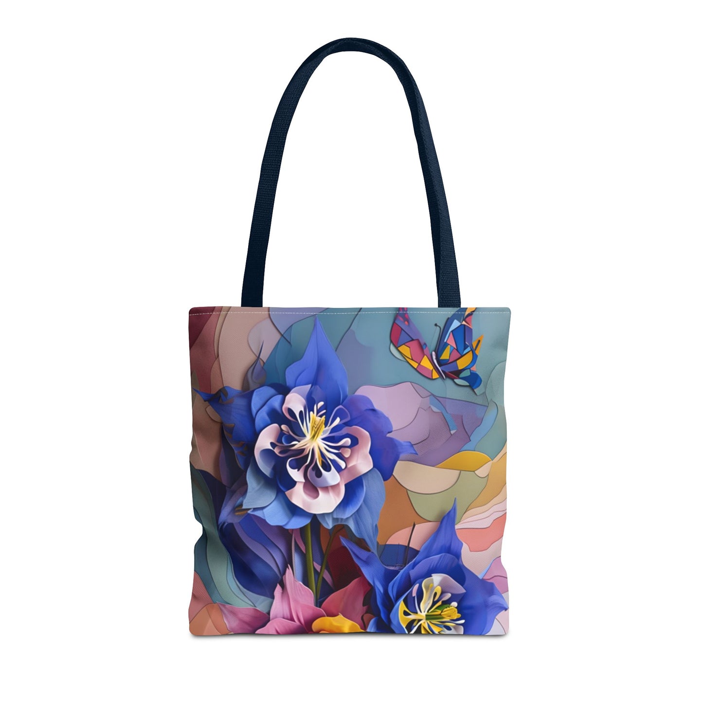 Blue Columbine Carnivale canvas tote bag featuring vibrant blue columbine flowers and butterfly artwork with dark handles