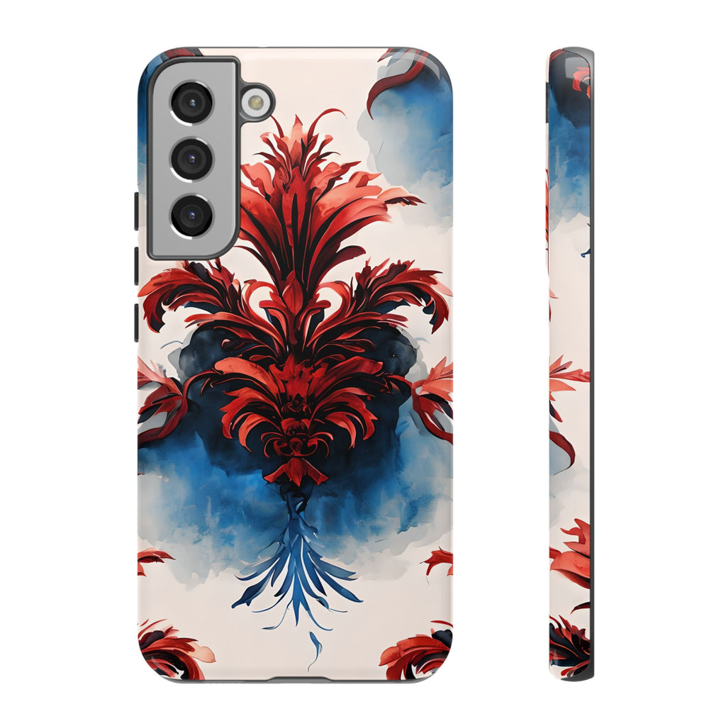 Crimson Plume - Bold Artistic Feather Samsung Galaxy S22 Plus Tough Phone Case - Dramatic Red & Blue Design