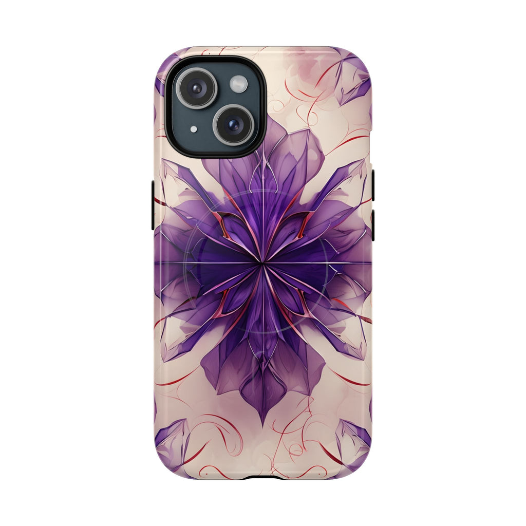 Violet Reverie - Kaleidoscope Collection Artistic Floral Burst - iPhone 15 MagSafe Phone Case - Bold Purple Symmetrical Design
