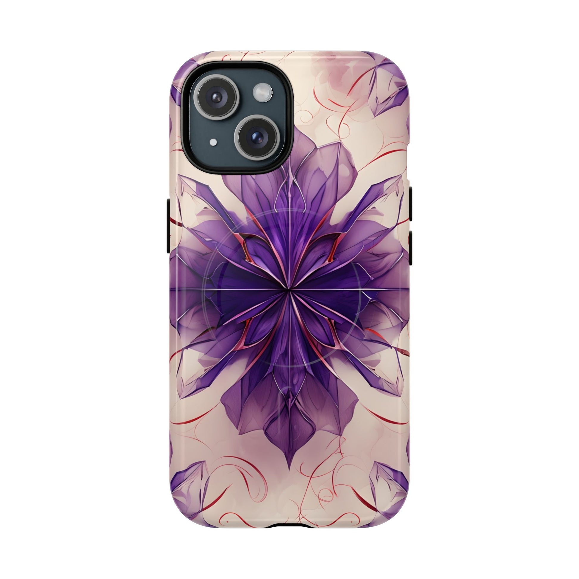 Violet Reverie - Kaleidoscope Collection Artistic Floral Burst - iPhone 15 MagSafe Phone Case - Bold Purple Symmetrical Design