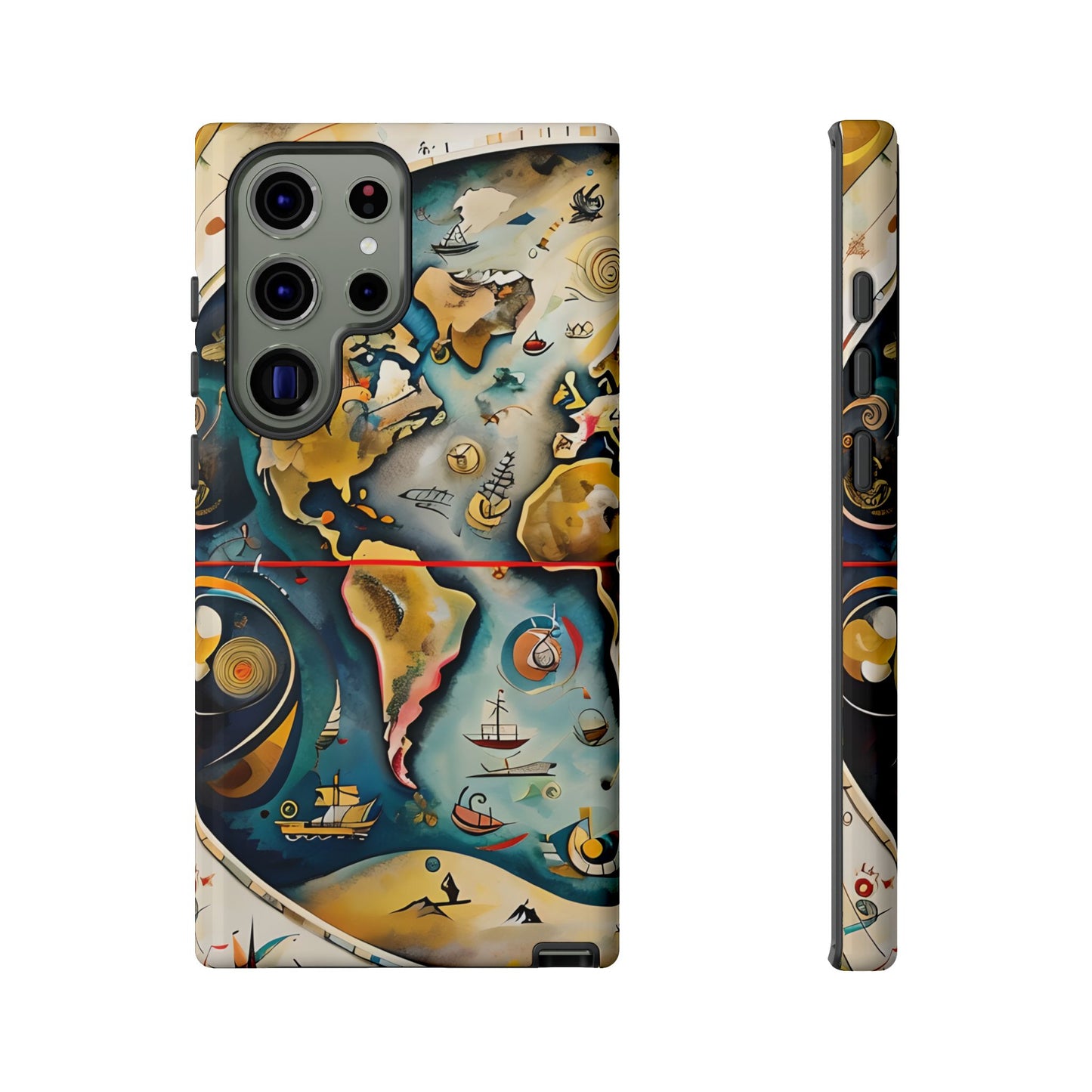 Celestial Map Samsung Galaxy tough case with vintage world map and cosmic illustrations, back and side view