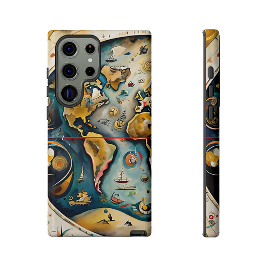 Celestial Map Samsung Galaxy tough case with vintage world map and cosmic illustrations, back and side view